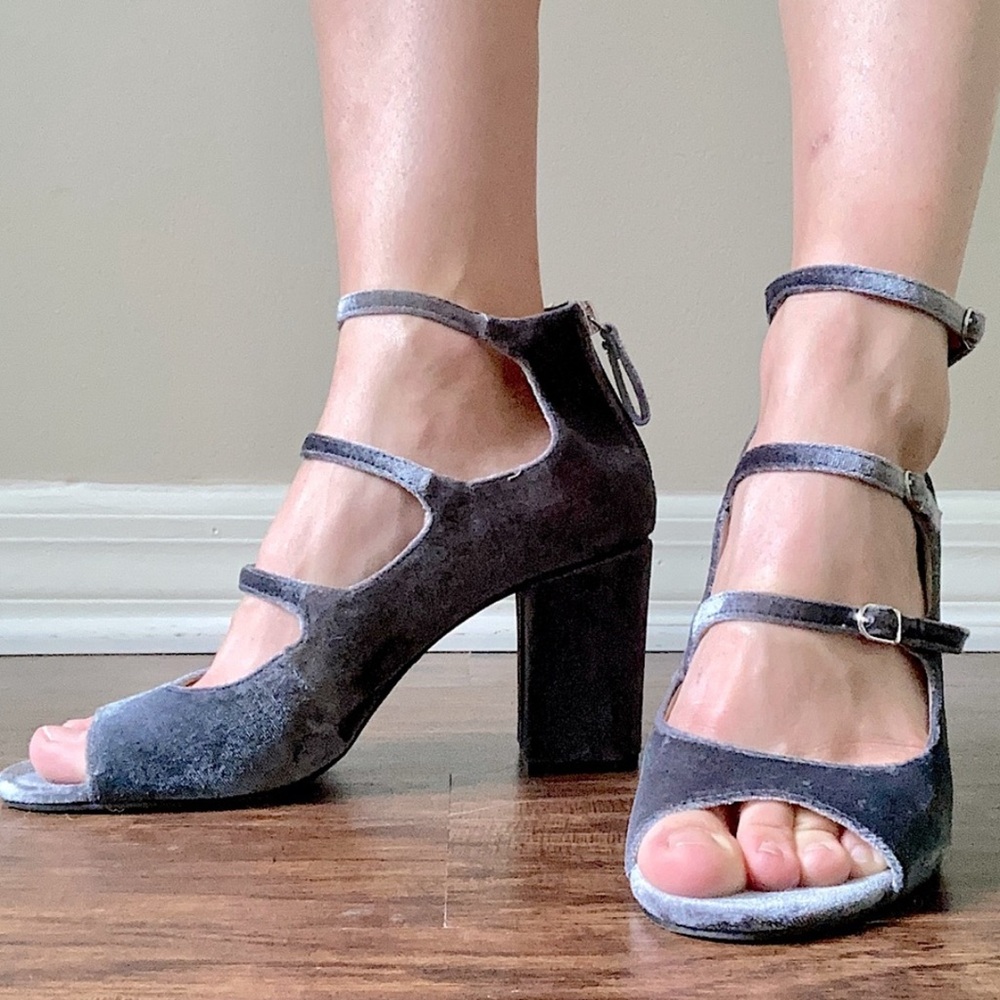 Gray/ Blue Velvet Open Toe Heels Size 8.5